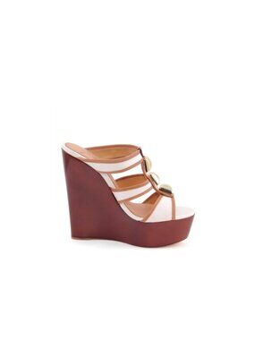 Mark & James Badgley Mischka Rosana White Brown Stones Wedge Sandal Size 6